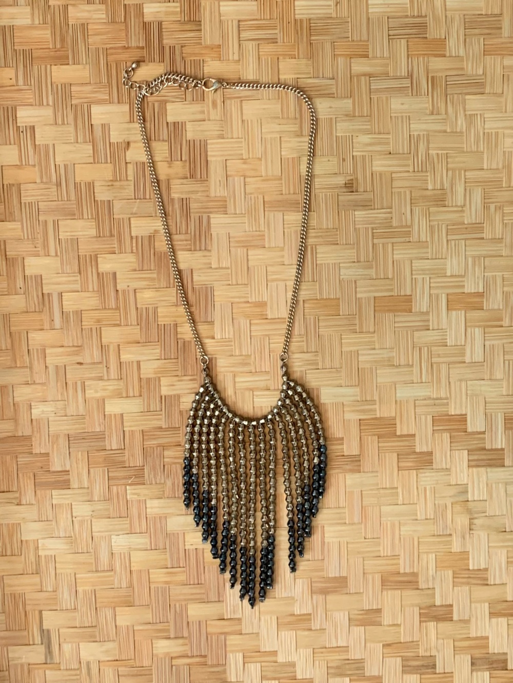 Gold Fringe Statement Necklace with Black Beads